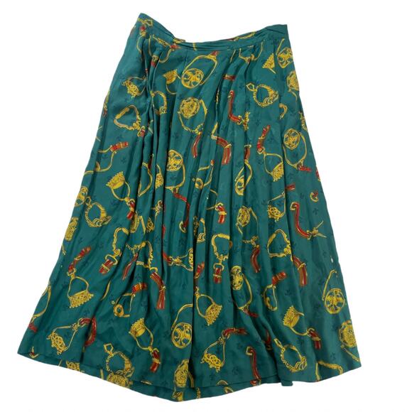 Chaus Dresses & Skirts - Chaus Women Vintage Teal Rayon Gold Equestrian Chain Print Pleated Maxi Skirt 14
